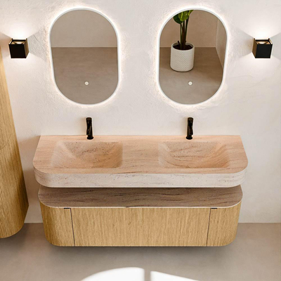 MONDIAZ THOR-DLUX 150cm badmeubel ronding links + rechts kleur Oak met 1 lade en 2 deuren. Vrijhangende wastafel CLOUD Dubbel 2 kraangaten kleur Saba.