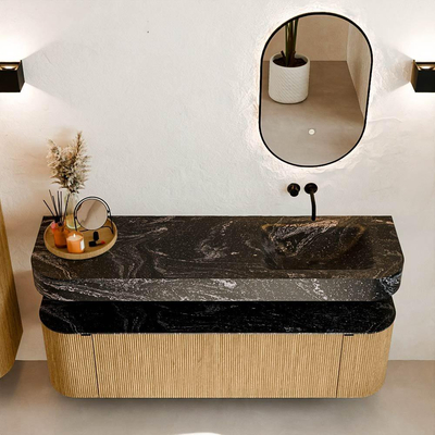 MONDIAZ THOR-DLUX 160cm badmeubel ronding links + rechts kleur Oak met 1 lade en 2 deuren. Vrijhangende wastafel CLOUD Rechts zonder kraangat kleur Lava.