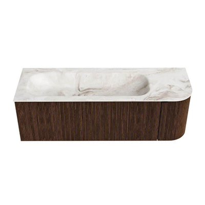 MONDIAZ KURVE-DLUX meuble de salle de bains 135cm avec module 25 R couleur Walnut avec 1 tiroir et 1 porte. Lavabo BIG MEDIUM gauche sans trou de robinet couleur Frappe.