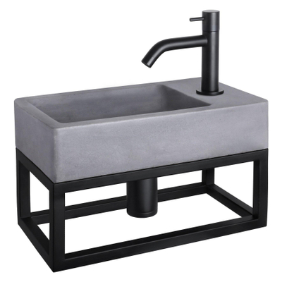 Differnz Force kit lave-mains - 40x22x8cm - Rectangulaire - 1 trou de robinet - Robinet courbé noir mat - avec cadre noir - Gris béton