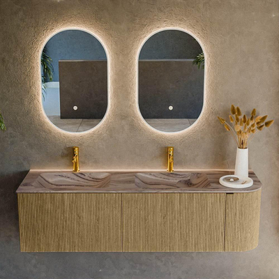 MONDIAZ KURVE-DLUX 155cm badmeubel ronding Rechts kleur Dusk met 2 lades en 1 deur. Wastafel LEAF Dubbel / Links 2 kraangaten Sombra.