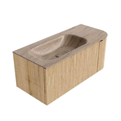MONDIAZ KURVE-DLUX 105cm badmeubel ronding Rechts kleur Oak met 1 lade en 1 deur. Wastafel BIG SMALL Links zonder kraangat Saba.