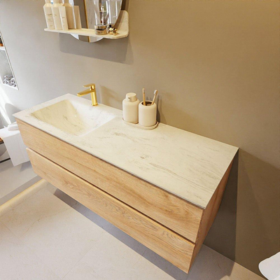 Mondiaz VICA-DLUX ensemble de meuble de salle de bain - 130cm - meuble sous-vasque chêne blanchi - 2 tiroirs - lavabo encastré cloud gauche - 1 trou de robinet - version haute de 60cm - opalo