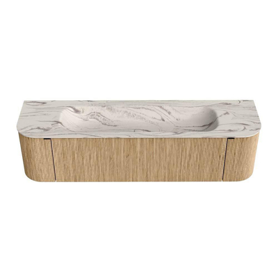 MONDIAZ KURVE-DLUX Meuble de salle de bains 170cm arrondi Gauche + Droite couleur Chêne avec 1 tiroir et 2 portes. Lavabo BIG LARGE Central 2 trous de robinet Nata.