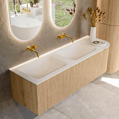 MONDIAZ KURVE Meuble de salle de bains 145 cm avec module 25 R couleur Oak avec 1 tiroir et 1 porte. Lavabo CLOUD double / gauche sans trou de robinet Talc.