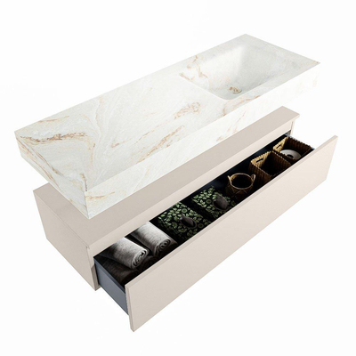 Mondiaz ALAN-DLUX Ensemble de meuble - 130cm - meuble Linen mat - 1 tiroir - Lavabo Cloud Frappe suspendu - vasque Droite - 1 trou de robinet