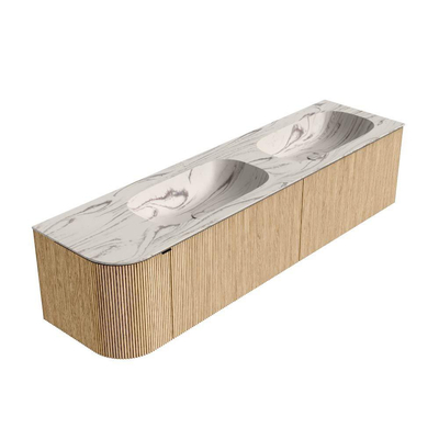 MONDIAZ KURVE-DLUX meuble de salle de bains 175cm arrondi à gauche couleur chêne avec 2 tiroirs et 1 porte. Lavabo STOR SMALL double / droit sans trou de robinet Nata.