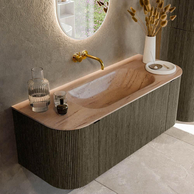 MONDIAZ KURVE-DLUX Meuble de salle de bains 120cm arrondi Gauche + Droite couleur Shadow avec 1 tiroir et 2 portes. Lavabo BIG SMALL Central sans trou de robinet Saba.