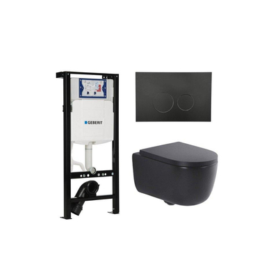 QeramiQ Dely Swirl Toiletset - 36.3x51.7cm - Inbouwreservoir met Geberit UP320 spoelmechanisme - 35mm zitting - mat zwarte bedieningsplaat - ronde knoppen - mat zwart