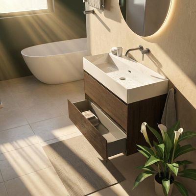 Saniclass Holz Pure Ensemble de meubles de salle de bains - 100x45x72cm - Legend lavabo en céramique blanc - 1 vasque - sans trou de robinet - 2 tiroirs - chêne charcoal mat (bois)