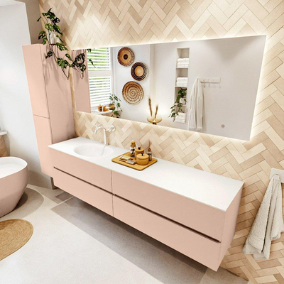 Mondiaz VICA ensemble de meuble de salle de bain - 200cm - meuble sous-vasque rosee - 4 tiroirs - lavabo moon gauche - 1 trou de robinet - version haute de 60cm - talc