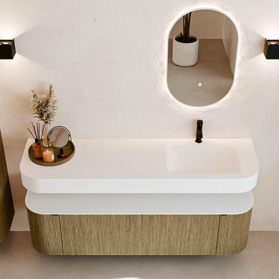 MONDIAZ THOR 160cm meuble de salle de bains arrondi gauche + droite couleur Dusk avec 1 tiroir et 2 portes. Vasque suspendue CLOUD Droite 1 trou de robinet couleur Talc.