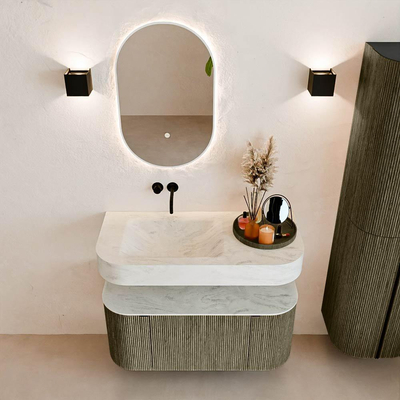 MONDIAZ THOR-DLUX 100cm meuble de salle de bains arrondi gauche + droite couleur Shadow avec 1 tiroir et 2 portes. Vasque suspendue CLOUD Gauche sans trou de robinet couleur Opalo.