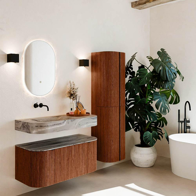 MONDIAZ THOR-DLUX 100cm meuble de salle de bains arrondi gauche + droite couleur Ruby avec 1 tiroir et 2 portes. Vasque suspendue CLOUD Gauche sans trou de robinet couleur Sombra.