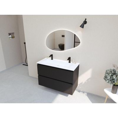 HR Infinity XXL ensemble de meubles de salle de bain 3d 100 cm 1 lavabo en céramique fin blanc mat 2 trous de robinet 2 tiroirs noir mat