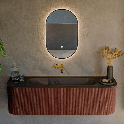 Ensemble de meuble de salle de bain Mondiaz KURVE - 150x46x40cm - 1 tiroir - 2 portes - lavabo en solid surface - milieu - sans trou de robinet - Ruby