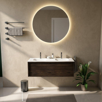 Saniclass Holz Frame Ensemble de meubles de salle de bains - 120x45x41.5cm - Flow lavabo en solid surface blanc - 2 vasques - 2 trous de robinetterie - 1 tiroir - chêne charcoal mat (bois)