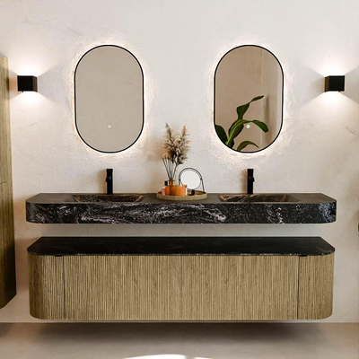 MONDIAZ THOR-DLUX Meuble de salle de bains - 190cm - arrondi gauche + droite - couleur Dusk - 2 tiroirs et 2 portes - Vasque suspendue CLOUD Double 2 trous de robinet - couleur Lava