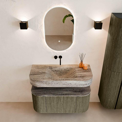 MONDIAZ THOR-DLUX 100cm meuble de salle de bains arrondi gauche + droite couleur Shadow avec 1 tiroir et 2 portes. Vasque suspendue CLOUD Milieu sans trou de robinet couleur Oza.