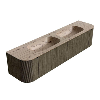 MONDIAZ KURVE-DLUX 190cm meuble de salle de bains arrondi Gauche + Droite couleur Shadow avec 2 tiroirs et 2 portes. Lavabo STOR SMALL Double 2 trous de robinet Arena.