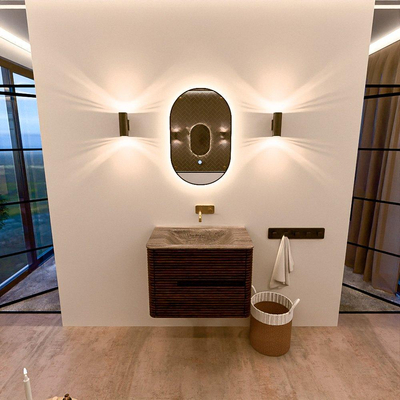 Mondiaz CIRO-DLUX Badkamermeubelset - 70x45x50cm - Solid surface wastafel Oza - 1 wasbak Midden - zonder kraangaten - 2 lades - Walnut
