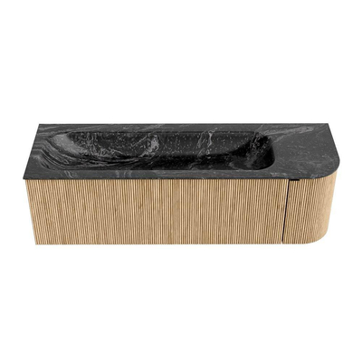 MONDIAZ KURVE-DLUX 145cm badmeubel met module 25 R kleur Oak met 1 lade en 1 deur. Wastafel BIG LARGE links 2 kraangaten kleur Lava.