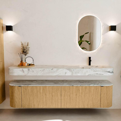 MONDIAZ THOR-DLUX Meuble de salle de bains 190cm arrondi gauche + droite couleur Oak avec 2 tiroirs et 2 portes. Vasque suspendue CLOUD Droite 1 trou de robinet couleur Glace.