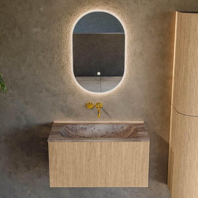 MONDIAZ KURVE-DLUX Meuble de salle de bains 80 cm couleur Oak avec 1 tiroir et 0 portes. Lavabo BIG SMALL milieu sans trou de robinet Oza.