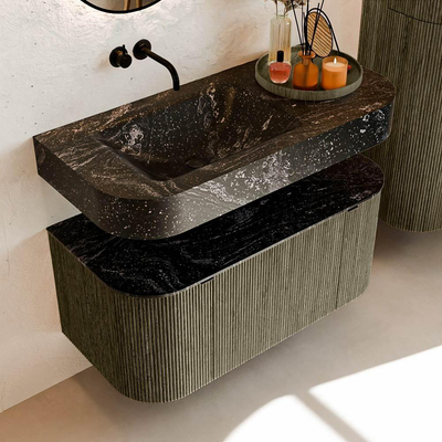 MONDIAZ THOR-DLUX Meuble de salle de bains - 100cm - arrondi gauche + droite - couleur Shadow - 1 tiroir et 2 portes - Vasque suspendue CLOUD Gauche sans trou de robinet - couleur Lava