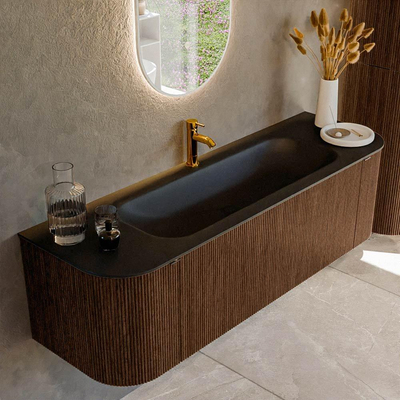 MONDIAZ KURVE 150cm badmeubel met module 25 Len R kleur Walnut met 1 lade en 2 deuren. Wastafel BIG MEDIUM midden 1 kraangat Urban.