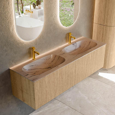 MONDIAZ KURVE-DLUX 150cm badmeubel kleur Oak met 2 lades en 0 deuren. Wastafel STOR SMALL Dubbel 2 kraangaten Arena.