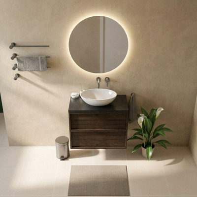 Saniclass Holz Frame Ensemble meuble de salle de bains - 80x45x63cm - Plan vasque en basalte Noche poli (noir) - sans trou de robinet - 2 tiroirs - chêne charcoal mat (bois)