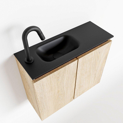 MONDIAZ TURE Fonteinset - 60x23x50cm - 1 kraangat - 2 deuren - washed oak mat - Wasbak links - Solid Surface Zwart
