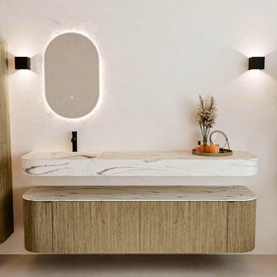 MONDIAZ THOR-DLUX 180cm meuble de salle de bains arrondi gauche + droite couleur Dusk avec 2 tiroirs et 2 portes. Vasque suspendue CLOUD gauche 1 trou de robinet couleur Nata.