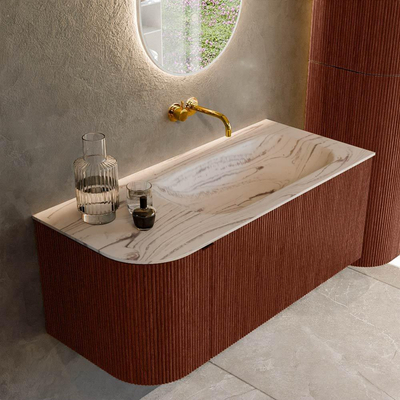 MONDIAZ KURVE-DLUX Meuble de salle de bains 105cm arrondi à gauche couleur Ruby avec 1 tiroir et 1 porte. Vasque BIG SMALL à droite sans trou de robinet Nata.