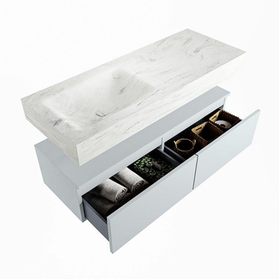 Mondiaz ALAN-DLUX Ensemble de meuble - 120cm - meuble Clay mat - 2 tiroirs - Lavabo Cloud Opalo suspendu - vasque Gauche - 1 trou de robinet