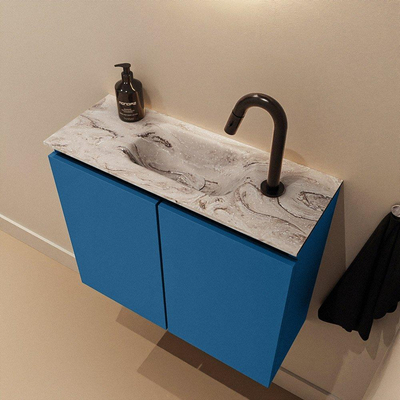 MONDIAZ TURE-DLUX Meuble toilette - 60cm - Jeans - EDEN - vasque Glace - position centrale - 1 trou de robinet