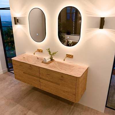 Mondiaz CIRO-DLUX Badkamermeubelset - 160x45x50cm - Solid surface wastafel Arena - 2 wasbak Dubbel - zonder kraangaten - 4 lades - Oak