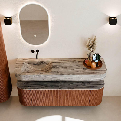 MONDIAZ THOR-DLUX 150cm meuble de salle de bains arrondi gauche + droite couleur Ruby avec 1 tiroir et 2 portes. Vasque suspendue CLOUD Gauche sans trou de robinet couleur Sombra.