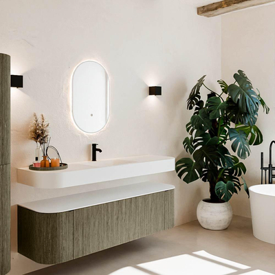 MONDIAZ THOR Meuble de salle de bains 160cm arrondi gauche + droite couleur Shadow avec 1 tiroir et 2 portes. Vasque suspendue CLOUD Milieu 1 trou de robinet couleur Talc.