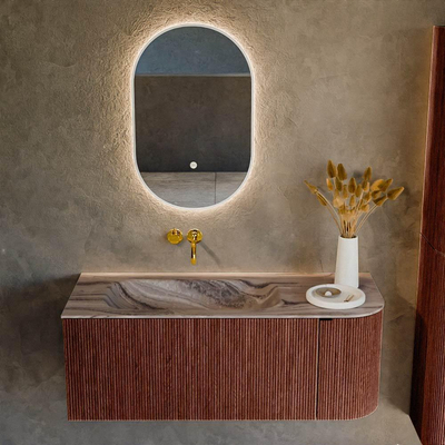 MONDIAZ KURVE-DLUX Meuble de salle de bains 115cm arrondi à droite couleur Ruby avec 1 tiroir et 1 porte. Lavabo BIG SMALL gauche sans trou de robinet Sombra.