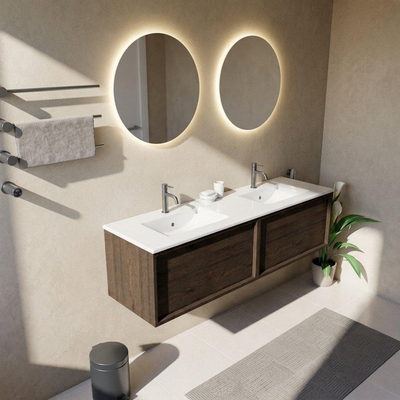 Saniclass Holz Frame Ensemble meuble de salle de bains - 160x45x42cm - Vasque en céramique Vygo blanche - 2 vasques - 2 trous de robinetterie - 2 tiroirs - chêne charcoal mat (bois)