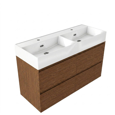 Saniclass Holz Pure Ensemble meuble de salle de bains - 120x45x72cm - lavabo Legend en céramique blanc - 2 vasques - 2 trous de robinet - 4 tiroirs - walnut pure mat (bois)