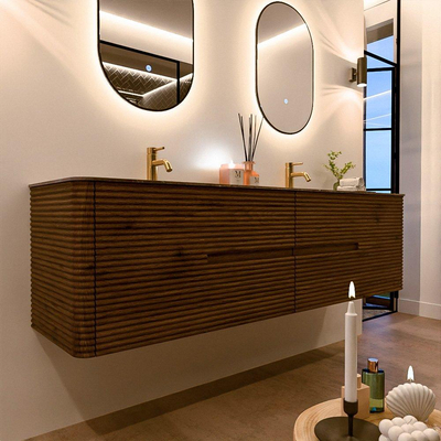 Mondiaz CIRO-DLUX Badkamermeubelset - 180x45x50cm - Solid surface wastafel Oza - 2 wasbak Dubbel - 2 kraangaten - 4 lades - Dusk