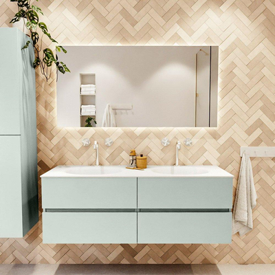 Mondiaz VICA ensemble de meuble de salle de bain - 140cm - meuble sous-vasque greey - 4 tiroirs - lavabo moon double - 2 trous de robinet - couleur talc - miroir LED - version XL 60cm de haut