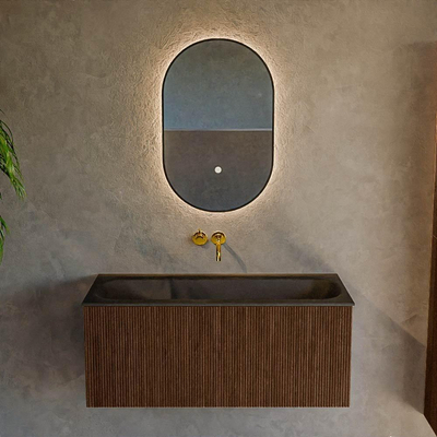 MONDIAZ KURVE 100cm Meuble salle de bain - couleur Walnut - 1 tiroir - vasque BIG MEDIUM centre - sans trous de robinet - Urban