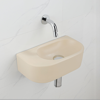 QeramiQ Fuente Fonteinset - 40x21.5x12cm - glad - halfrond - zonder kraangat - keramiek - fonteinkraan chroom - afvoerplug - verlaagd sifon - beige