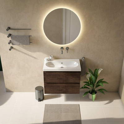 Saniclass Holz Atelier Ensemble de meubles de salle de bains - 80x45x63.5cm - lavabo en céramique Palermo blanc - 1 vasque - sans trou de robinetterie - 2 tiroirs - chêne charcoal mat (bois)