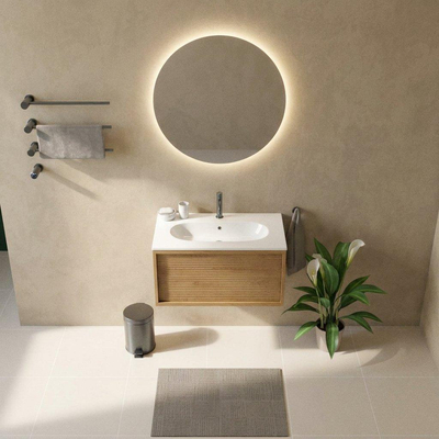 Saniclass Holz Frame Ensemble de meubles de salle de bains - 80x45x53.9cm - lavabo en céramique Chaci blanc - 1 vasque - 1 trou de robinetterie - 1 tiroir - chêne natural mat (bois)