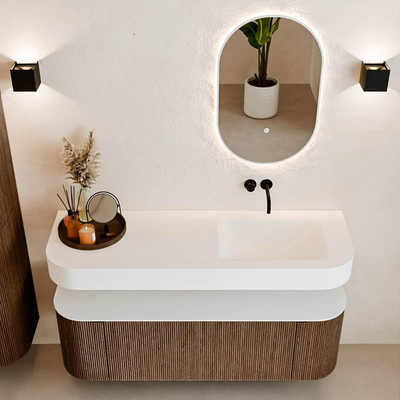 MONDIAZ THOR 140cm meuble de salle de bains arrondi gauche + droite couleur Walnut avec 1 tiroir et 2 portes. Vasque suspendue CLOUD Droite sans trou de robinet couleur Talc.